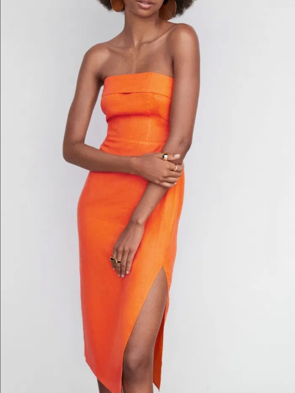 Mango 100% Linen Bright Orange Strapless Midi Dress with Side Slit-4